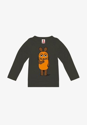 Long-sleeve dark green shirt featuring an orange cartoon mouse design with brown accents, standing with arms crossed and closed eyes.