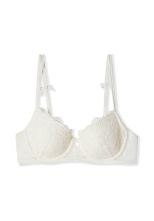 Weißer Spitzen-BH mit floraler Stickerei, Bügelcups und verstellbaren doppelten Schulterträgern mit kleinen Schleifen.