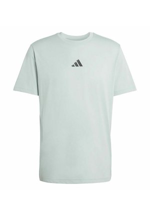 Hellgraues T-Shirt mit kurzen Ärmeln und einem kleinen schwarzen Adidas-Logo mittig auf der Brust.