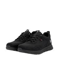 Black athletic shoes with a textured mesh upper, suede accents, and a thick rubber sole. Features laces and branded tags on the tongue.