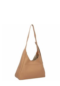 Tasche aus hellbraunem Leder mit einem lässigen Design, einem verstellbaren Schultergurt und einer Fronttasche. Verfügt über eine glatte Textur und eine weiche Form.