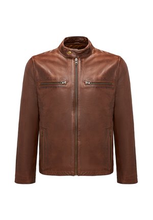 Brown leather jacket with a high collar, front zip closure, and two zippered chest pockets. Smooth texture with a fitted design.