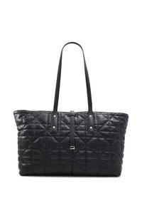 Černá prošívaná taška přes rameno s dvěma dlouhými uchy, vybavená zlatými kovovými detaily a zipovým uzávěrem. Texturovaný, měkký materiál.