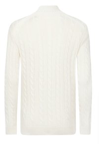 Maglione creme a trecce con maniche lunghe, colletto e polsini a coste, caratterizzato da un motivo testurizzato di cavi intrecciati.