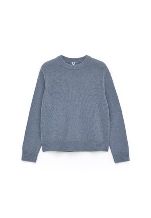 Blue knitted sweater with a round neckline, ribbed cuffs and hem, featuring a textured finish throughout the fabric.