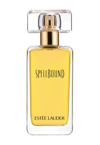 Transparent glasparfymflaska med rektangulär form, guld detaljer, gul vätska och texten "SPELLBOUND" och "ESTEE LAUDER" tryckt på framsidan.