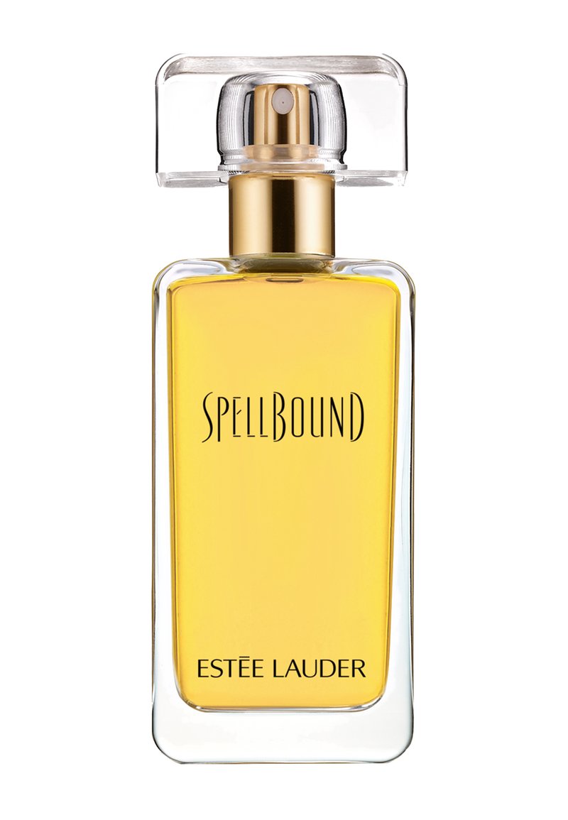 Transparent glasparfymflaska med rektangulär form, guld detaljer, gul vätska och texten "SPELLBOUND" och "ESTEE LAUDER" tryckt på framsidan.