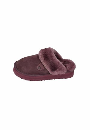 Burgundy slipper with a soft, fluffy lining and rounded toe. Features a smooth suede upper, ribbed outer sole, and a simple logo accent.