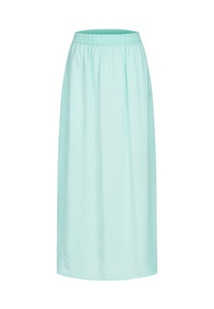 Light mint green maxi skirt with an elastic waistband, smooth texture, and flowing design. No patterns or accents visible.
