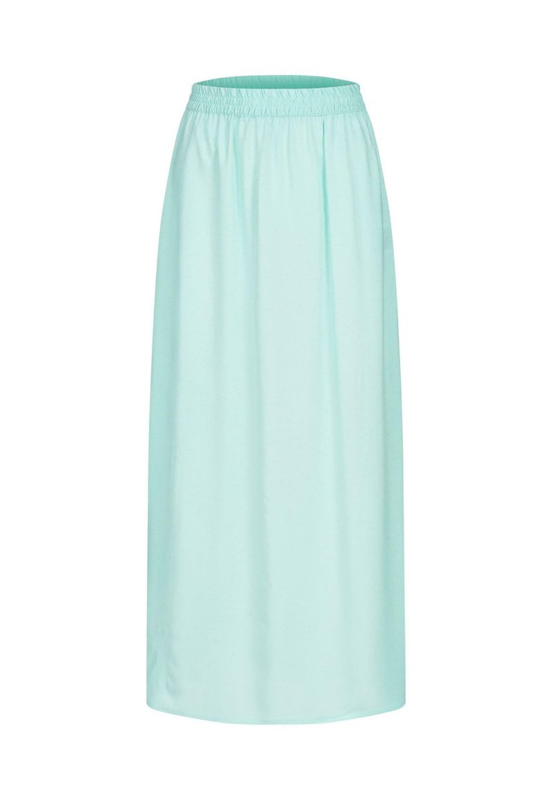Falda maxi verde menta clara con cinturilla elástica, textura suave y diseño fluido. Sin patrones ni acentos visibles.