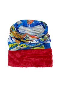 Snood infantil con personajes coloridos de Paw Patrol y tela de felpa suave roja en la mitad inferior, dispuesto sobre un fondo blanco.