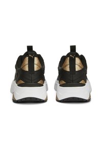 Black sneakers with gold accents, textured leather and mesh upper, padded collar, pull tab at heel, and thick white rubber sole.