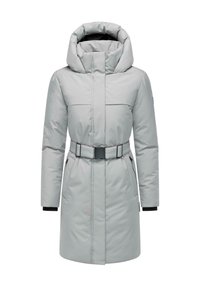 Lys grå polstret frakke med høj krave, bælte i taljen, sidelommer og ribbede manchetter. Har et elegant, minimalistisk design.