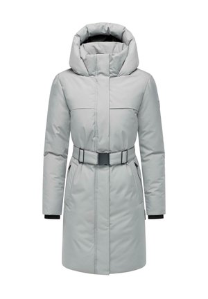 Svetlo siva podložena jakna z visokim ovratnikom, pasom, stranskimi žepi in rebrastimi manšetami. Ponaša se z elegantnim, minimalističnim dizajnom.