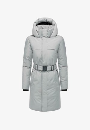 Ljust grått vadderat jacka med hög krage, bälte i midjan, sidofickor och ribbade ärmar. Har en elegant, minimalistisk design.