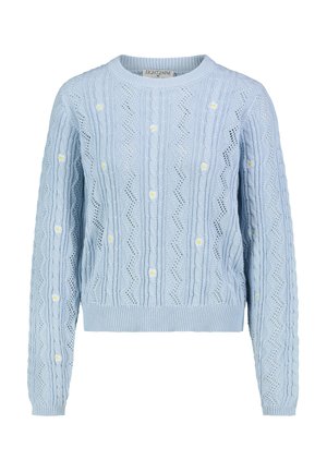 Hellblauer gestrickter Pullover mit Zopf- und Zickzackmustern, verziert mit kleinen weißen und gelben bestickten Gänseblümchen, Rundhalsausschnitt, lange Ärmel.