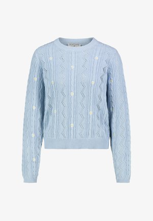 Hellblauer gestrickter Pullover mit Zopf- und Zickzackmustern, verziert mit kleinen weißen und gelben bestickten Gänseblümchen, Rundhalsausschnitt, lange Ärmel.