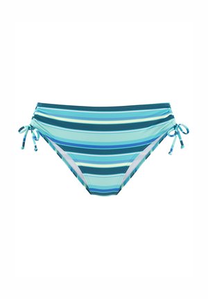 Gestreepte bikini onderkant in tinten blauw, groen en teal. Gevergde zijkanten met strikjes. Stof heeft een gladde, rekbare textuur.