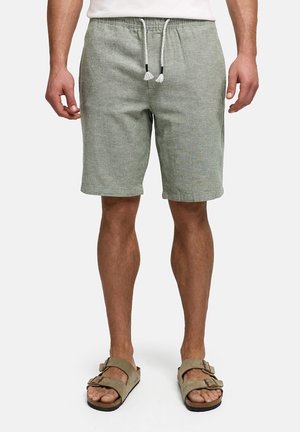 Man die lichtgroene short met trekkoord en beige sandalen met dubbele bandjes draagt, staand tegen een effen achtergrond.