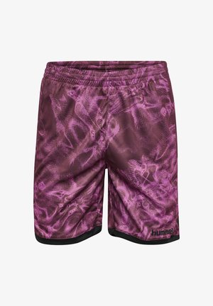 Lila-schwarze Sportshorts mit abstraktem Wirbelmuster und elastischem Bund, mit kleinem "hummel"-Logo am unteren rechten Bein.