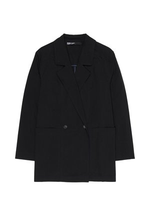 Blazer noir à manches longues avec col à revers, deux boutons devant et deux grandes poches plaquées à l'avant, présenté sur fond blanc.