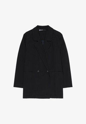 Blazer noir à manches longues avec col à revers, deux boutons devant et deux grandes poches plaquées à l'avant, présenté sur fond blanc.