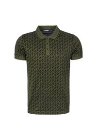 Olivově zelené polotriko s černým geometrickým vzorem, límečkem a trojicovým knoflíkovým páskem. Vyrobeno z texturované bavlněné látky. Krátké rukávy.