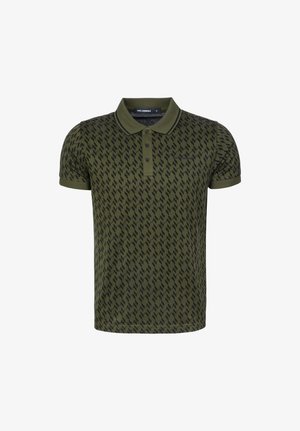Oliwkowa koszulka polo z czarnym geometrycznym wzorem, kołnierzykiem i listwą na trzy guziki. Wykonana z teksturowanej bawełnianej tkaniny. Krótkie rękawy.