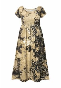 Robe imprimée animal marron et noire avec des manches courtes, un corsage froncé et une jupe fluide. Le tissu a une finition douce et texturée.