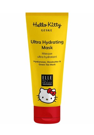 Gul tryckflaska med ett rött lock, märkt "Ultra Hydrating Mask", med illustrationer av Hello Kitty och text på engelska och franska.