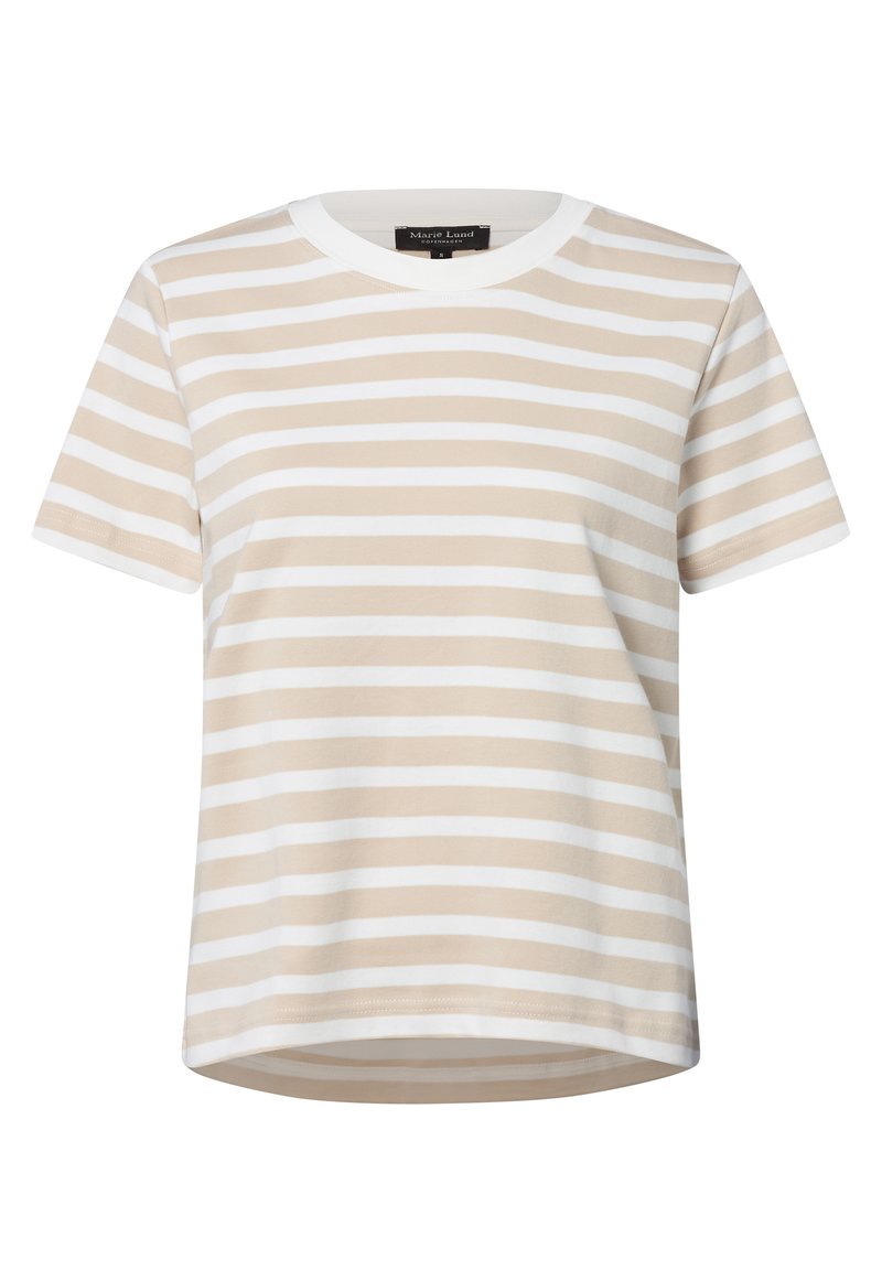 Lichtbeige gestreepte t-shirt met witte horizontale strepen, korte mouwen, ronde halslijn en een gladde katoenstructuur.