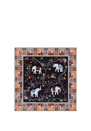 Square scarf with white elephants adorned in red and blue, surrounded by floral vines on black, framed by elephant and floral patterned border.