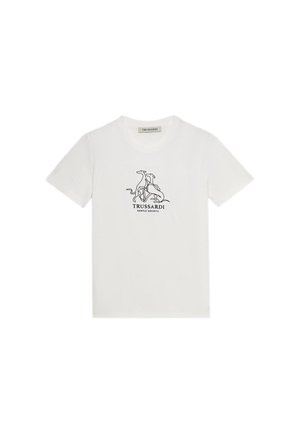 Bílé bavlněné tričko s krátkým rukávem, na kterém je černý lineární obraz psů a pod ním nápis "TRUSSARDI GENTLE SOCIETY".