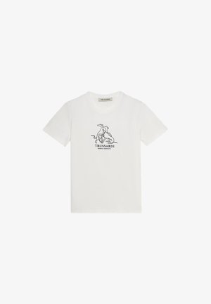 T-shirt en coton blanc à manches courtes, avec un motif en ligne noire représentant des chiens et le texte « TRUSSARDI GENTLE SOCIETY » en dessous.