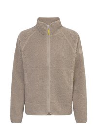 Beige Fleecejacke mit hohem Kragen, durchgehendem Reißverschluss, seitlichen Taschen und gelbem Reißverschlussakzent. Verfügt über ein strukturiertes, weiches Material.