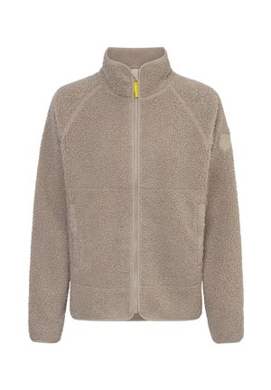 Chaqueta de forro polar color beige con cuello alto, cierre de cremallera completo, bolsillos laterales y acento en la cremallera de color amarillo. Presenta una textura suave en su tejido.