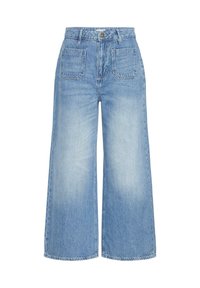 Svetlo modri široki jeans hlače iz denima, ki imajo visok pas, sprednje zapiranje na gumb in dva zadnja žepa. Gladka tekstura z zbledelimi območji.