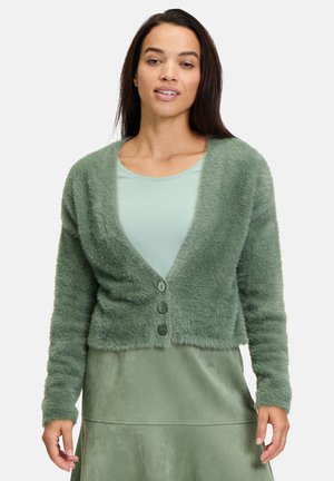 Flauschige grüne Strickjacke mit tiefem V-Ausschnitt, versehen mit drei Vorderknöpfen und langen Ärmeln, getragen über einem hellgrünen Oberteil und einem passenden Rock.