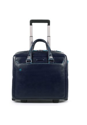Tote da viaggio in pelle blu navy con doppie maniglie superiori, manico retrattile, chiusura con zip e dettagli in azzurro chiaro. Dotato di quattro ruote.