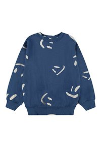 Μπλε φούτερ με λευκά αφηρημένα σχέδια προσώπου, στρογγυλή λαιμόκοψη, ριμπ μανσέτες και στρίφωμα, κατασκευασμένο από μαλακό ύφασμα με άνετη εφαρμογή.