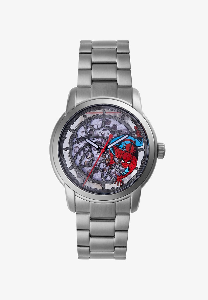 Stainless steel watch with a round face featuring a Spider-Man illustration, red and blue accents, and visible mechanical details beneath glass.