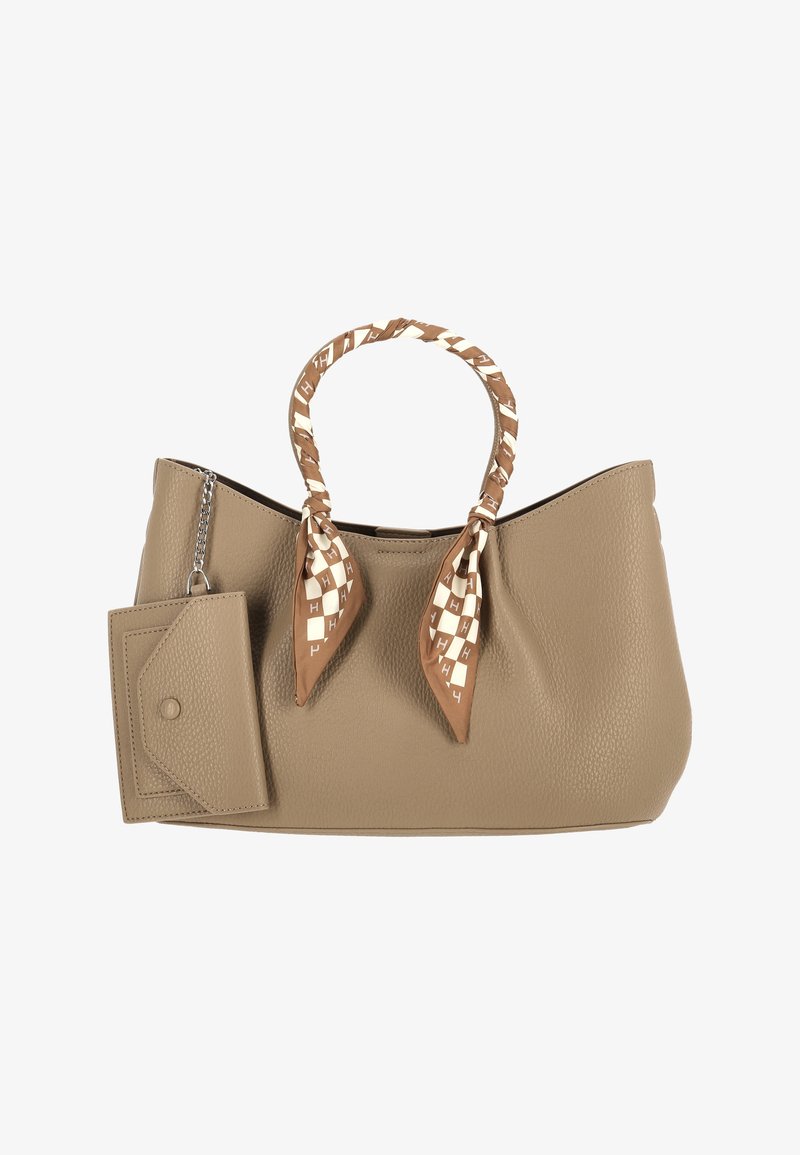 Beige Ledertasche mit geflochtenem Griff und gemusterten Schal-Akzenten. Enthält eine kleine, angebrachte Tasche mit Druckknopfverschluss und geprägter Textur.