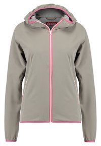 Lichte grijze jas met een roze rits en rand, voorzien van een capuchon en elastische manchetten. Glad textuur met zijzakken en logodetail.