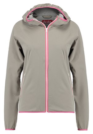 Veste légère grise avec une fermeture éclair rose et des finitions, dotée d'une capuche et de poignets élastiques. Texture lisse avec poches latérales et détail de logo.