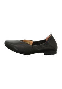 Schwarze Leder-Ballettschuhe mit runder Spitze, minimaler Naht und niedrigem Absatz. Das Innere verfügt über eine weiche Fütterung und eine gepolsterte Einlegesohle.