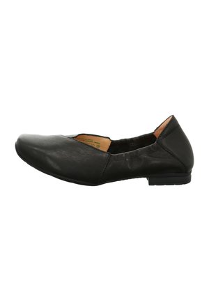 Black leather ballet flat with a rounded toe, minimal stitching, and a low heel. Interior features a soft lining and cushioned insole.