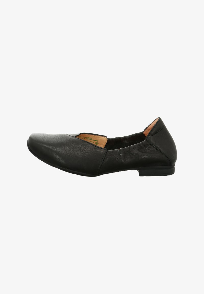 Schwarze Leder-Ballettschuhe mit runder Spitze, minimaler Naht und niedrigem Absatz. Das Innere verfügt über eine weiche Fütterung und eine gepolsterte Einlegesohle.