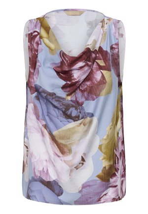 Sleeveless blouse with draped neckline featuring large floral print in purple, pink, white, yellow, and blue tones on light blue background.