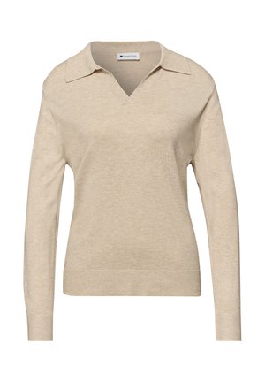 Pull en maille beige à manches longues avec col en V et poignets et ourlet côtelés, étiquette "Street One" à l'intérieur du col.