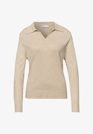 Pull en maille beige à manches longues avec col en V et poignets et ourlet côtelés, étiquette "Street One" à l'intérieur du col.
